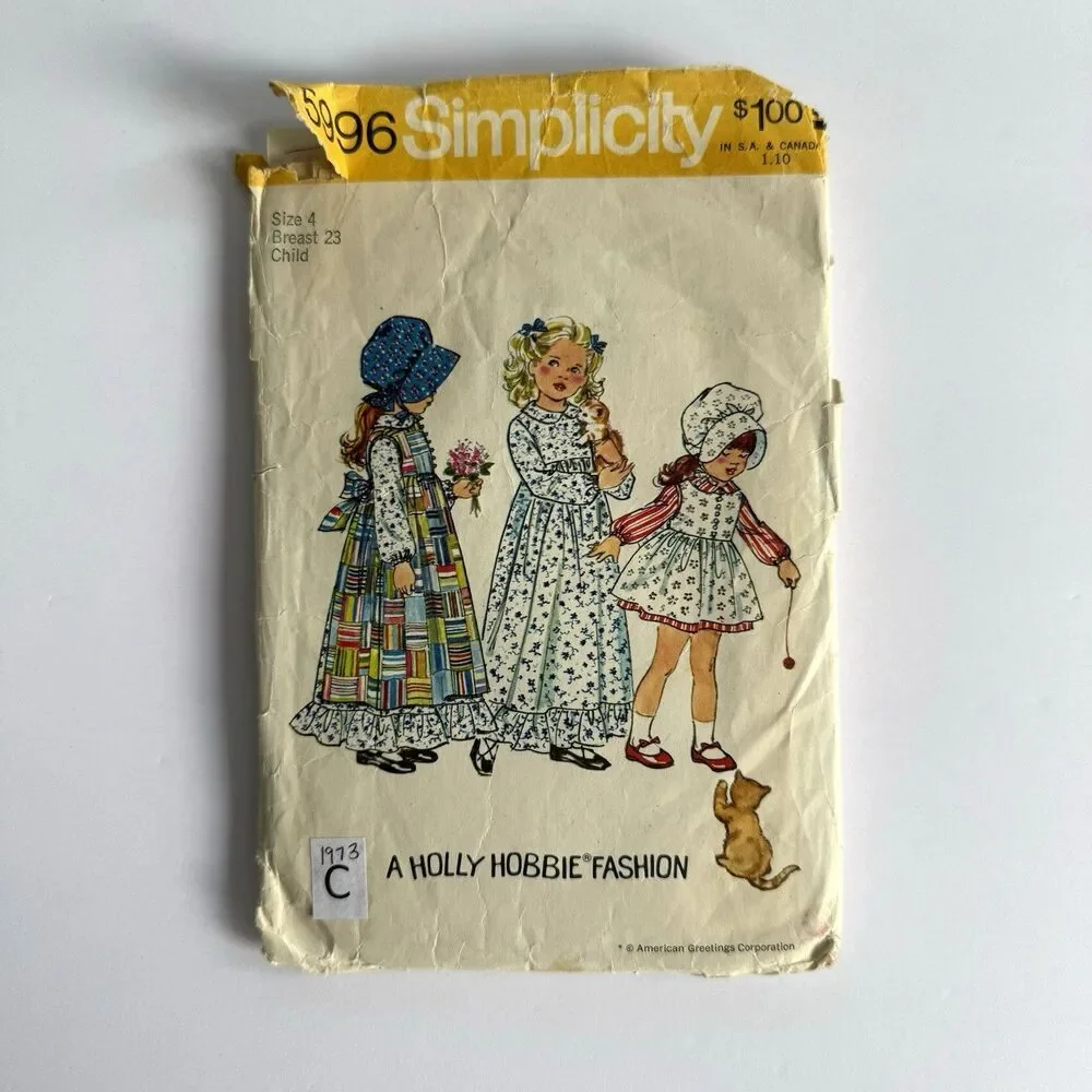 Simplicity 5996 Sewing Pattern Holly Hobbie Dress Pinafore Bonnet Sz 4 Vintage
